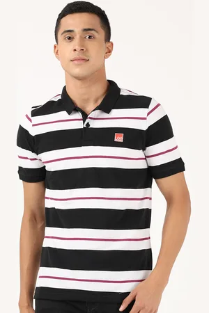 Lee Men Black & White Striped Polo Collar Slim Fit T-shirt