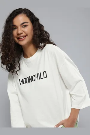 HERE&NOW Women White & Black Typography Printed Drop-Shoulder Sleeves Pure Cotton T-shirt