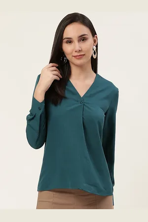 DODO & MOA Women Teal Green Pleated Solid Top