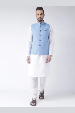 Hangup Men White And Blue Long Sleeves Pure Cotton Kurta With Pyjama And Nehru Jacket