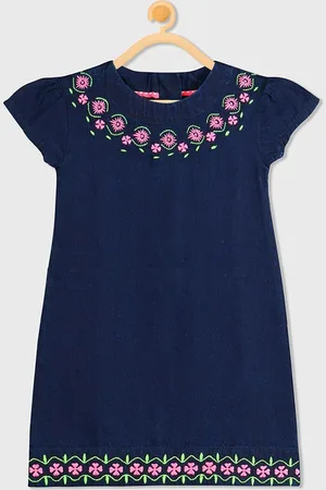 Cherry Crumble Girls Blue Embroidered Denim A-Line Dress