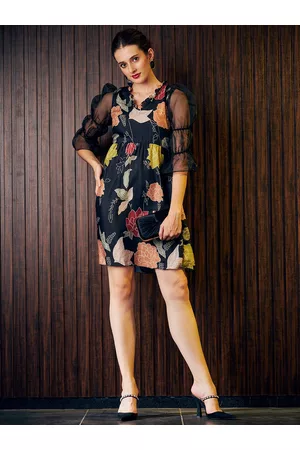 ATHENA Women Black Floral A-Line Dress