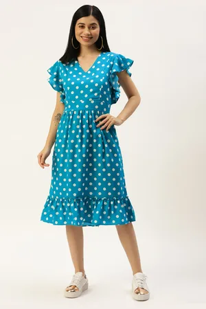 BRINN Turquoise Blue & White A-Line Midi Dress