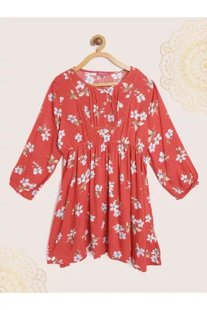 Biba Girls Red & White Floral Print Fit & Flare Dress