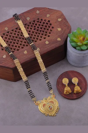 Brandsoon Gold-Plated Gold Beaded Mangalsutra With Earring
