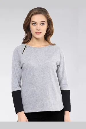 Miss Chase Women Grey & Black Solid Round Neck T-shirt