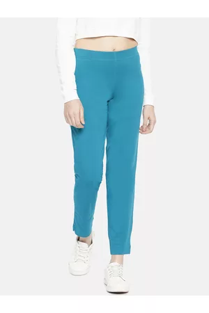 Dollar Missy Women Blue Smart Straight Fit Solid Cigarette Trousers