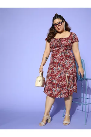 Berrylush Women Maroon & Multicoloured Floral Crepe A-Line Midi Dress with Side Slit
