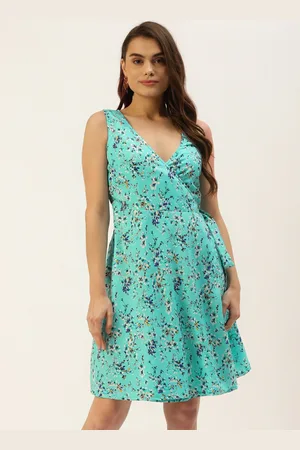 BRINN Turquoise Blue & White Floral Crepe Dress