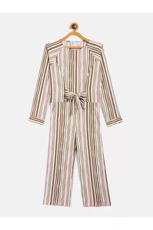 Crimsoune Club Girls Multicoloured Striped Round Neck Jumpsuit