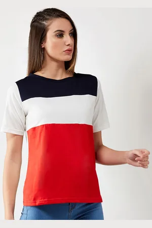 Miss Chase Women White & Red Colourblocked Round Neck T-shirt