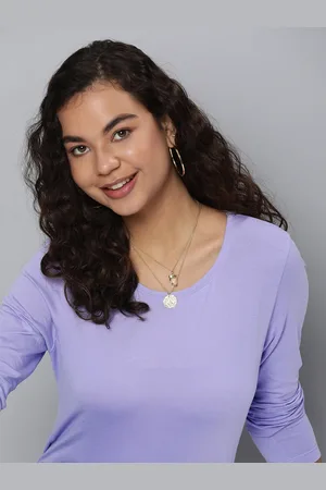 HERE&NOW Women Lavender Solid Pure Cotton T-shirt