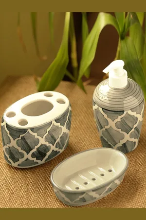 ExclusiveLane Set Of 3 Moroccan Handpainted Ceramic Bathroom Accessories Set