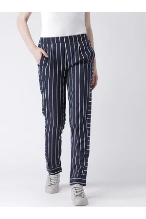 DODO & MOA Women Navy Blue Regular Fit Striped Regular Trousers