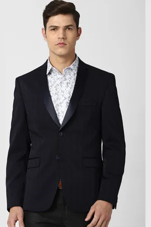 V Dot Men Navy Blue Printed Slim-Fit Single-Breasted Blazers