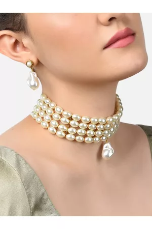 Zaveri Pearls Gold-Plated White Pearl Beaded Jewellery Set