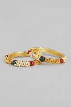I Jewels Set of 2 Gold Plated Pearl Studded & Beaded Bangles