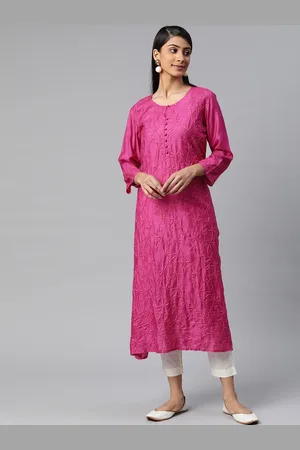 akheri Women Magenta Ethnic Motifs Embroidered Chikankari Mukaish Straight Kurta