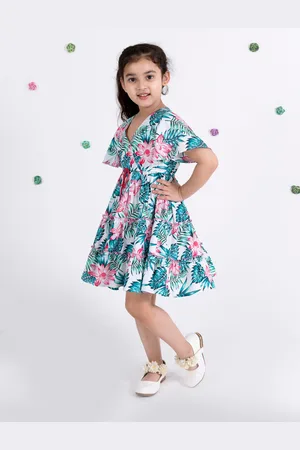 pspeaches Girls White & Blue Tropical Printed Tiered Fit & Flare Dress