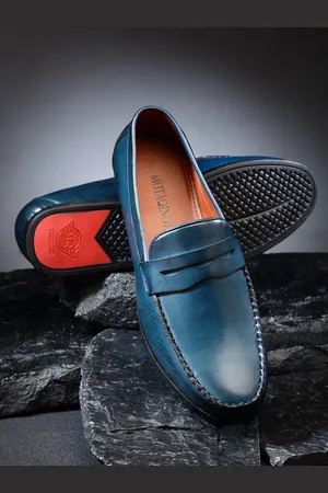MUTAQINOTI Men Blue Patent Leather Loafers