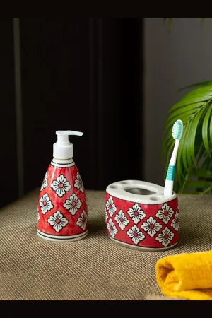 ExclusiveLane Set Of 2 Red Floral Printed Handcrafted Ceramic Bathroom Accessories Set