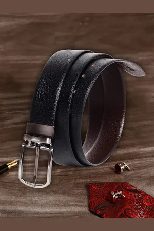 MUTAQINOTI Men Black Textured Reversible Leather Belt