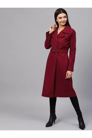 ATHENA Women Maroon Solid Longline Overcoat