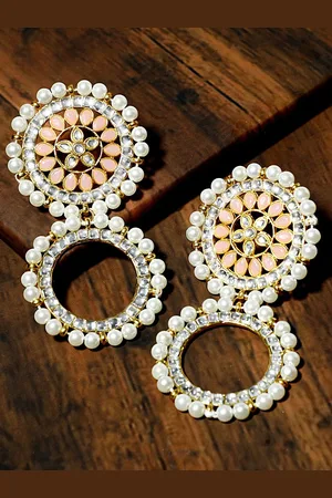 karatcart Gold-Plated White & Peach-Coloured Circular Drop Earrings