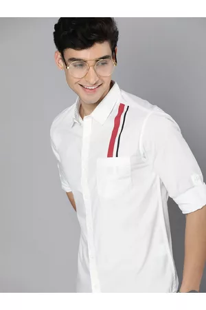 HERE&NOW Men White Solid Slim Fit Pure Cotton Casual Shirt