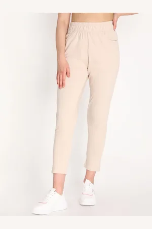 CHKOKKO Women Beige Solid Cotton Track Pants