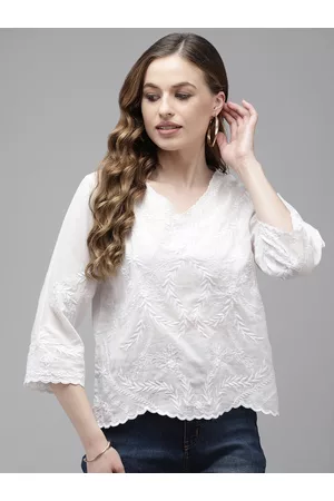 Ishin White Floral Embroidered Regular Crop Top