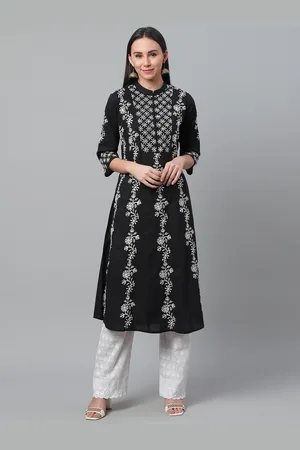 akheri Women Black & White Chikankari Embroidered A-Line Kurta