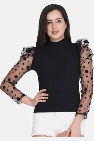 BuyNewTrend Black Net Puff Sleeves Knitted Top