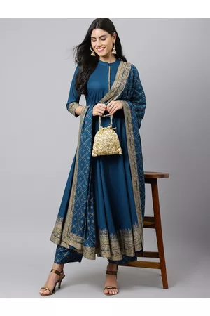 Khushal K Women Blue Ethnic Motifs Empire Kurta with Trousers & With Dupatta