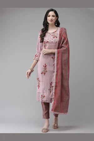 Ishin Women Pink Ethnic Motifs Embroidered Regular Thread Work Kurta with Trousers & With Dupatta