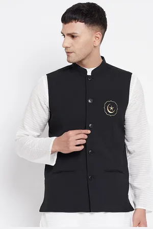 Even Men Black Eid Insignia Embroidered Woven Nehru Jackets