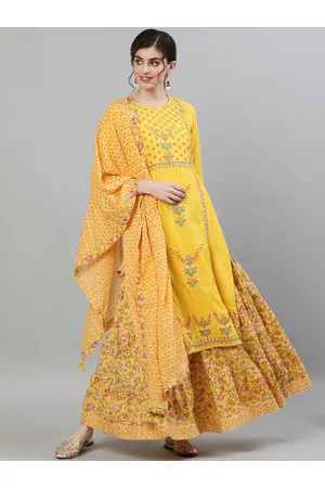 Ishin Women Yellow & Red Embroidered Kurta with Skirt & Dupatta