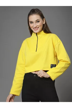 KASSUALLY Women Yellow Loose Boxy Fit Cotton Sweatshirt