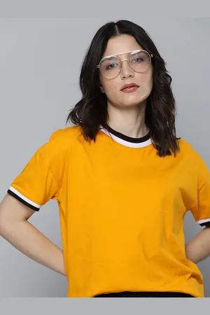HARVARD Women Mustard Yellow Solid Round-Neck Pure Cotton Casual T-shirt