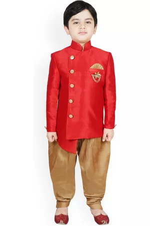 SG Boys Red & Gold-Coloured Solid Sherwani Set