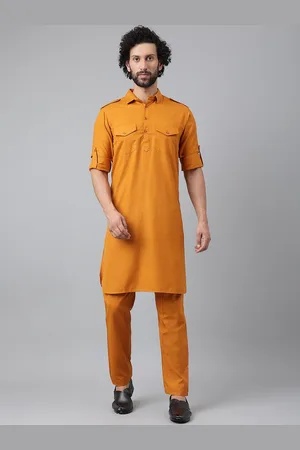 Hangup Men Mustard Yellow Solid Pure Cotton Kurta with Trouser