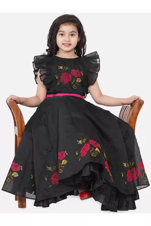 Bhama Girls Black Embroidered Flutter Sleeves Maxi Dress
