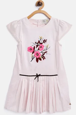 Cherry Crumble Girls Light Pink Floral Embroidered Pleated Drop-Waist Dress