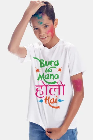 BONKIDS Boys White Bura Na Mano Holi Round Neck T-shirt