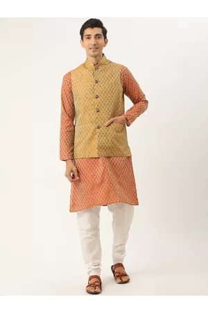 SOJANYA Men Orange Ethnic Motifs Kurta with Churidar & Nehru Jacket