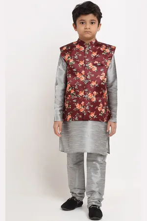 Kraft Boys Silver Floral Dupion Silk Kurta with Pyjamas & Nehru Jacket