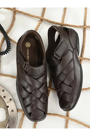 UNDERROUTE Men Brown Leather Shoe-Style Velcro Sandals