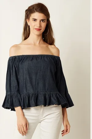 Miss Chase Women Navy Blue Denim Bardot Top