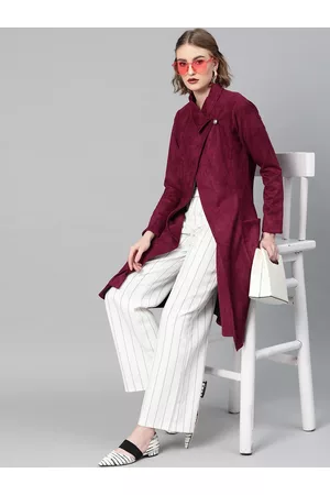 ATHENA Women Maroon Suede Finish Solid Overcoat