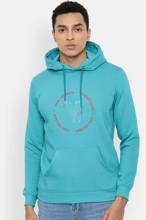 V Dot Men Blue Printed Hooded Sweatshirt
